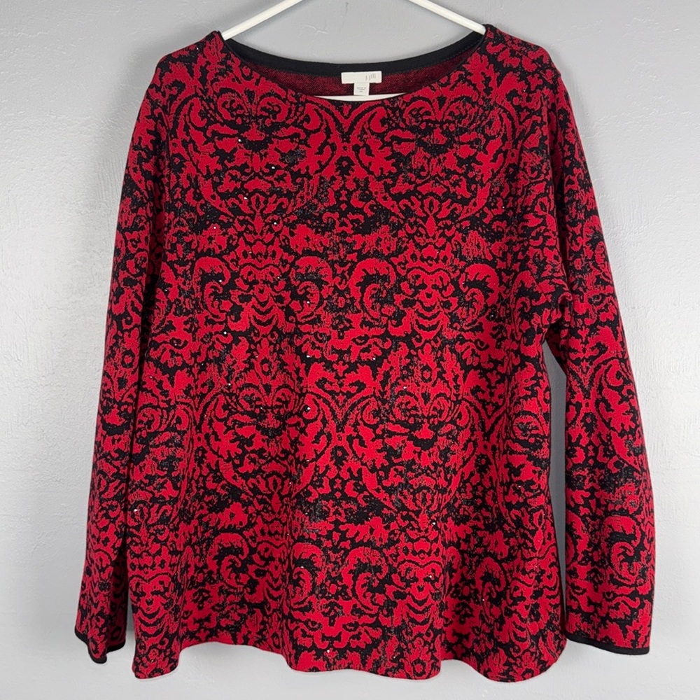 J.Jill Sweater Women’s XL Red Black Damask Print Rhinestone Knit